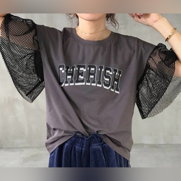 Cherish Women's Gray Top with Black Mesh Sleeves